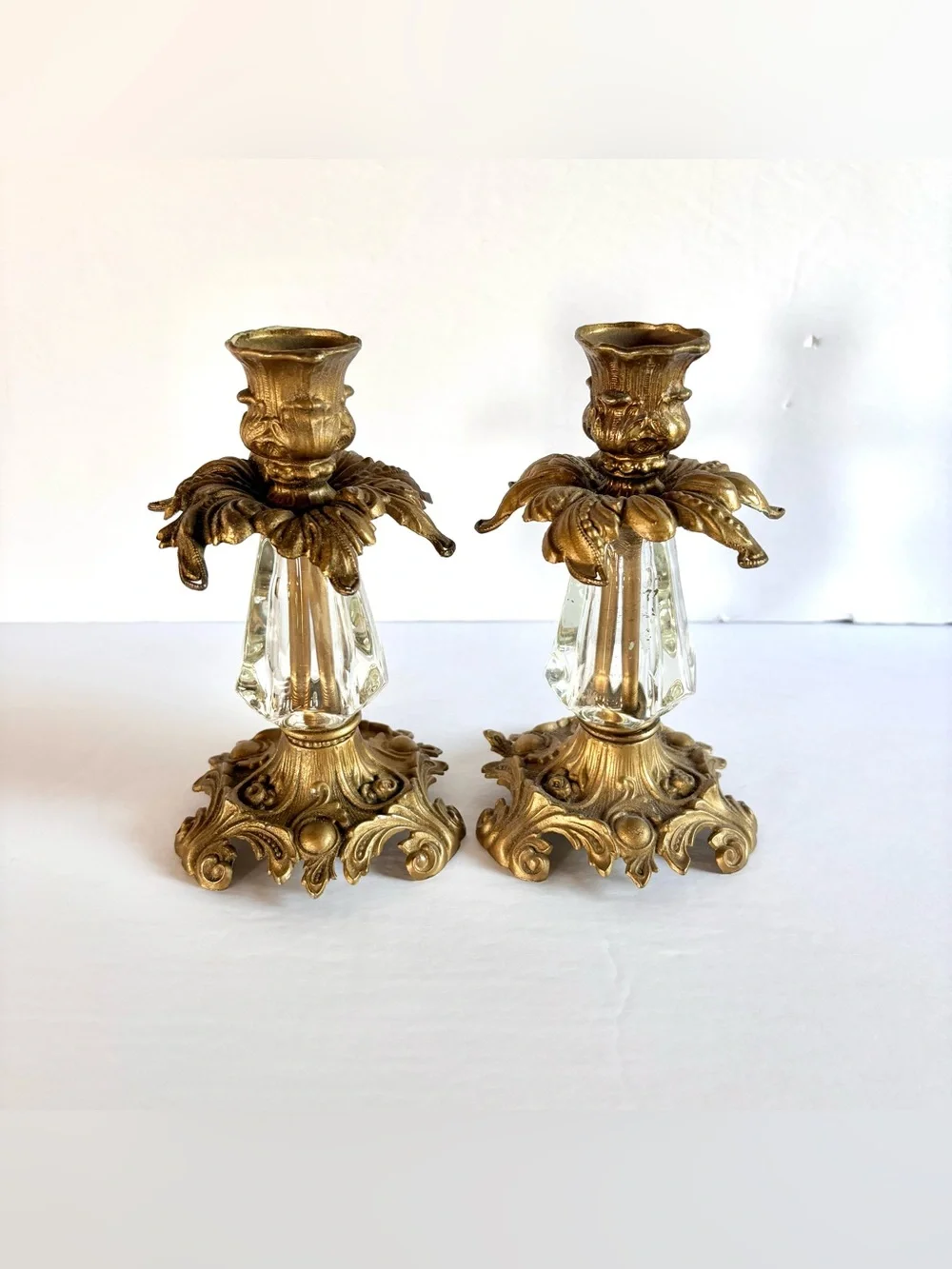 Vintage 1973 L&L WMC Brass & Crystal Accent Candlesticks Holders - Pair